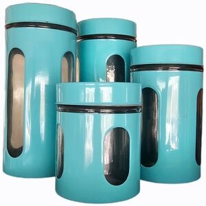 Set of 4 Turquoise Metal and Peek-a-boo Glass Canister Set & Lids Kitchen Retro